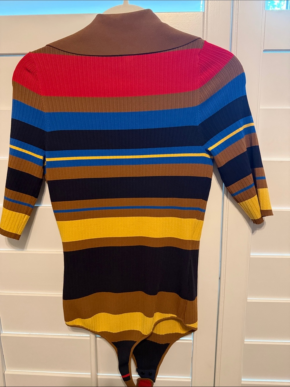 NICHOLAS Multicolor Striped Ribbed Wrap Bodysuit — Blue, Brown, Yellow, Red - Picture 3 of 3